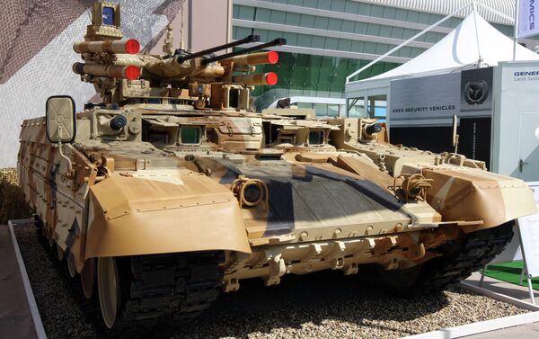 Tank Support Fighting Vehicle (BMPT) Terminator developed at Uralvagonzavod machine building company is demonstrated at the IDEX 2013 International Defence Exhibition in Abu Dhabi, United Arab Emirates - Sputnik International