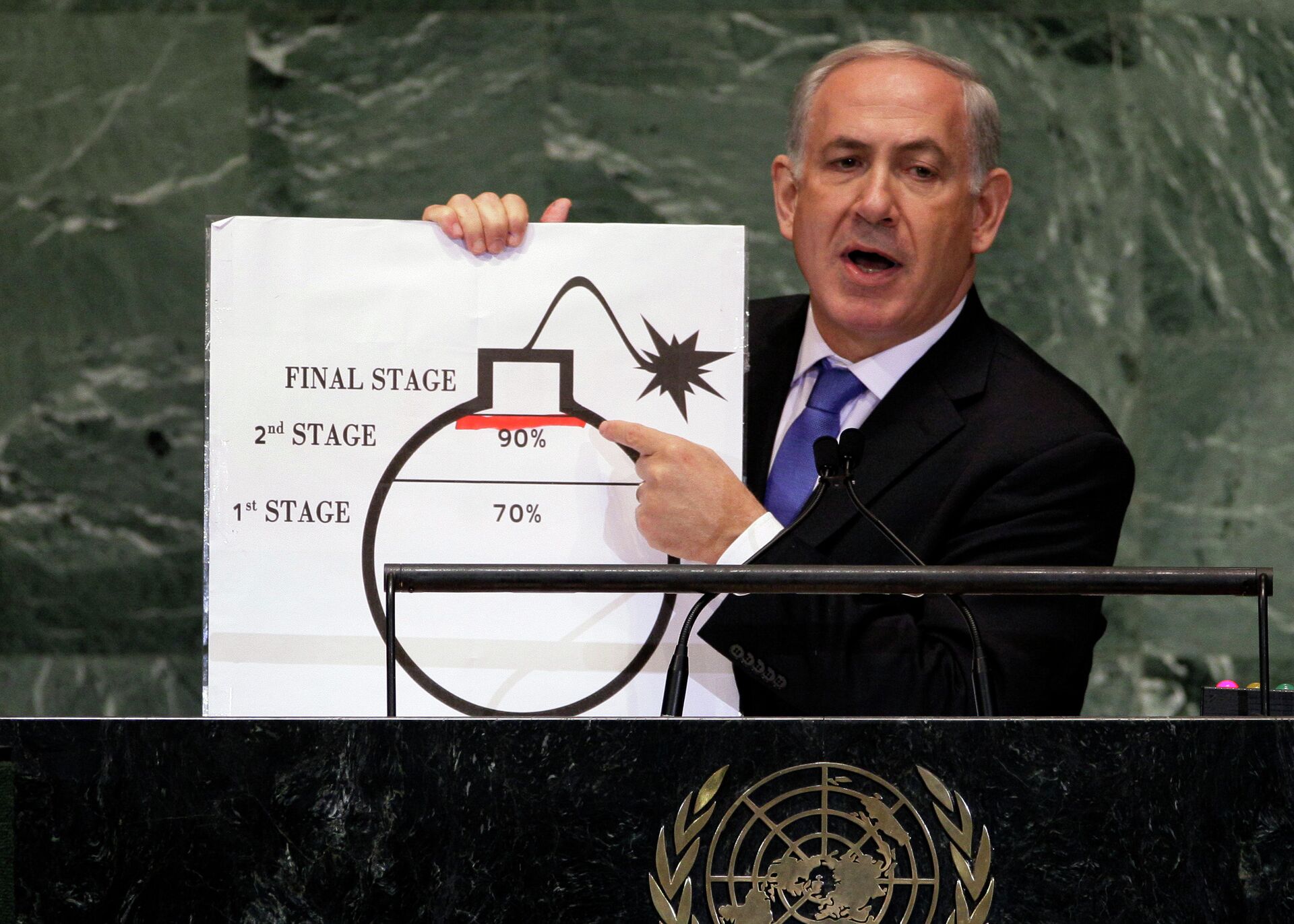 In Sept. 2012, Prime Minister Benjamin Netanyahu of Israel shows an illustration as he describes his concerns over Iran's nuclear ambitions during his address to the 67th session of the United Nations General Assembly at U.N. headquarters. - Sputnik International, 1920, 07.09.2022