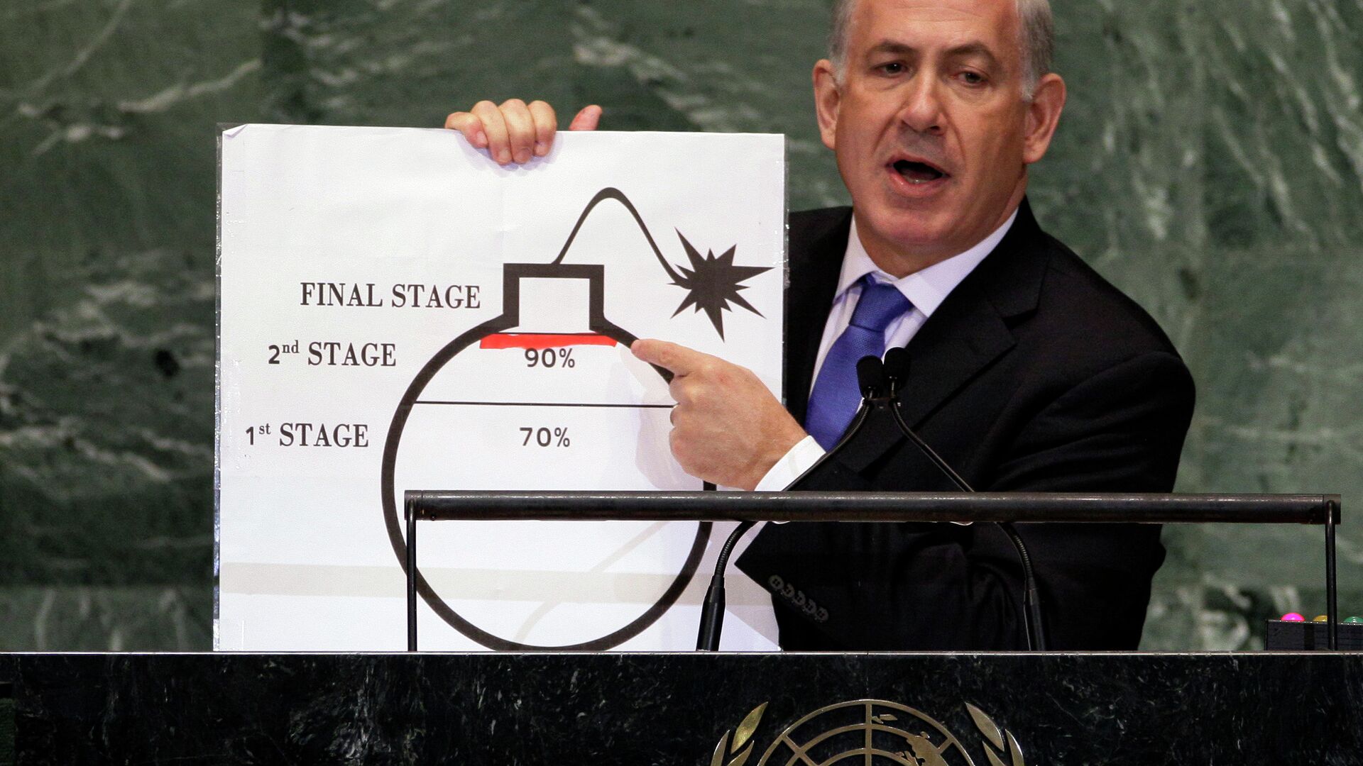 In Sept. 2012, Prime Minister Benjamin Netanyahu of Israel shows an illustration as he describes his concerns over Iran's nuclear ambitions during his address to the 67th session of the United Nations General Assembly at U.N. headquarters. - Sputnik International, 1920, 09.02.2021