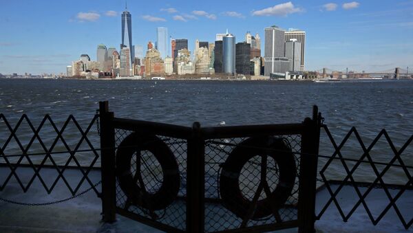 Lower Manhattan appears behind a pair life preservers on a Staten Island Ferry in New York Harbor. - Sputnik International