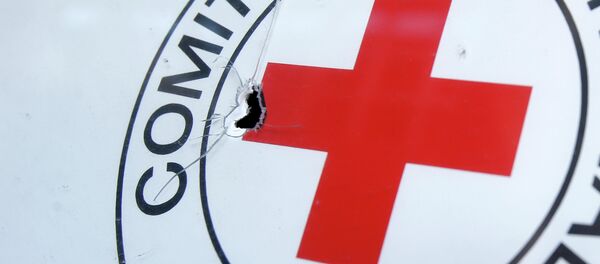 A bullet hole is seen on a sign, on a Red Cross office after shelling, in the town of Donetsk, eastern Ukraine - Sputnik International