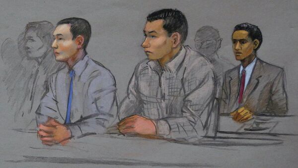 This courtroom sketch shows defendants Azamat Tazhayakov, left, Dias Kadyrbayev, center, and Robel Phillipos, right, college friends of Boston Marathon bombing suspect Dzhokhar Tsarnaev, during a hearing in federal court - Sputnik International