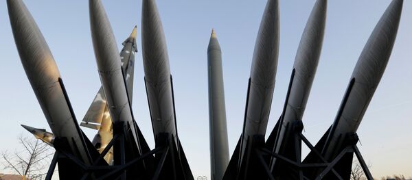 North Korea's mock Scud-B missile, center, stands among South Korean missiles displayed at Korea War Memorial Museum in Seoul, South Korea - Sputnik International