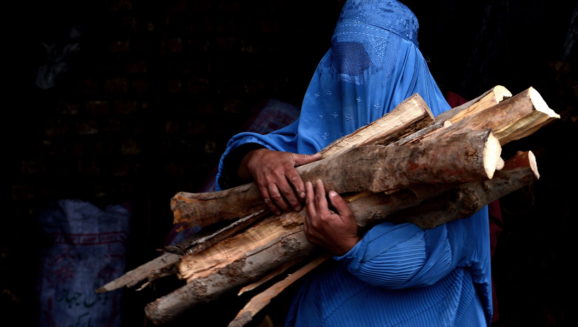 In this photograph taken on February 23, 2015, a burqa-clad Afghan woman carries chopped logs after buying them at a firewood yard in Herat - Sputnik International, 1920, 22.08.2021