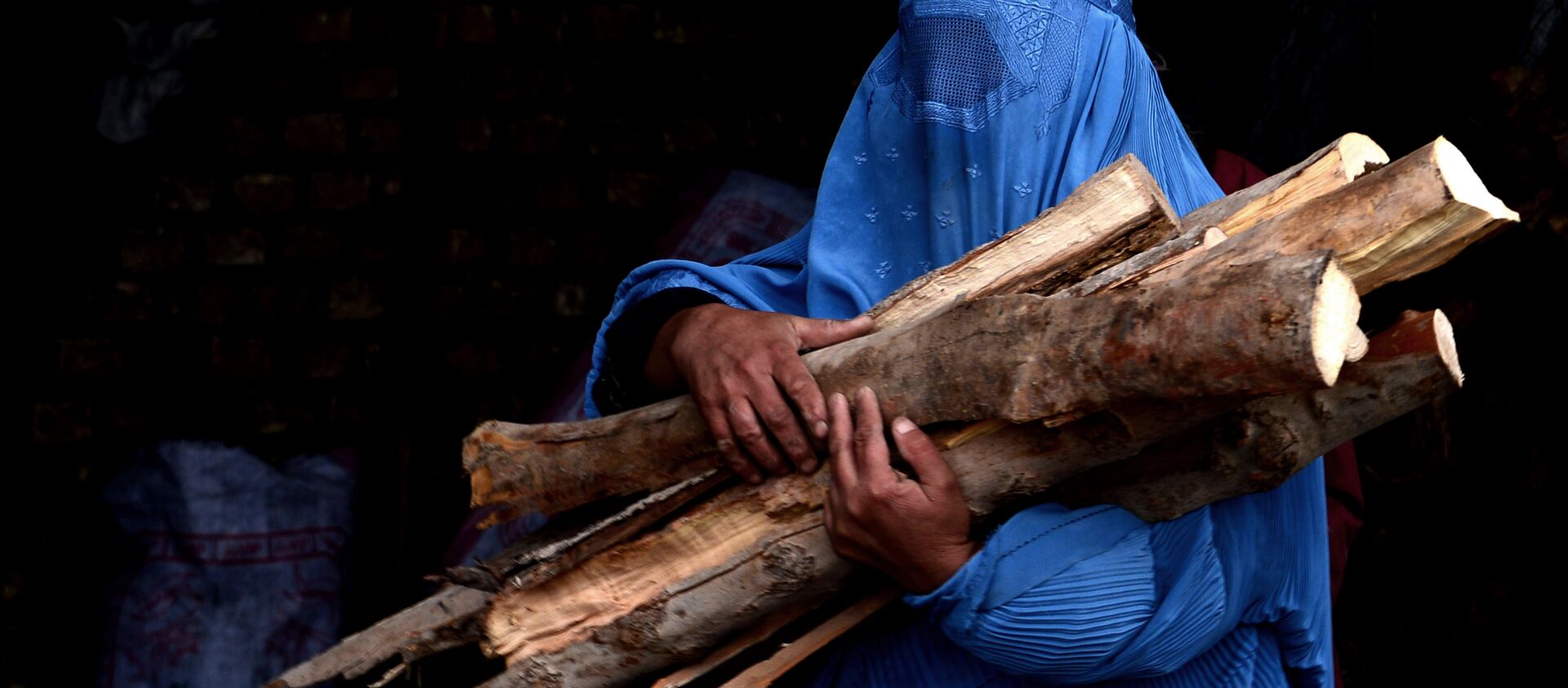 In this photograph taken on February 23, 2015, a burqa-clad Afghan woman carries chopped logs after buying them at a firewood yard in Herat - Sputnik International, 1920