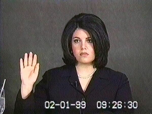 Monica Lewinsky, shown in this video image, is sworn in for her deposition on Feb. 1, 1999. Monica Lewinsky, shown in this video image, is sworn in for her deposition on Feb. 1, 1999. - Sputnik International