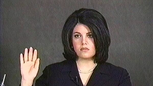 Monica Lewinsky, shown in this video image, is sworn in for her deposition on Feb. 1, 1999.  - Sputnik International