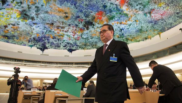 North Korean Foreign Minister Ri Su Yong arrives on March 3, 2015 to address delegates at the 28th Human Rights Council at United Nations headquarters in Geneva - Sputnik International