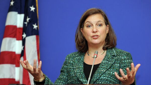 US Assistant Secretary of State for European and Eurasian Affairs Victoria Nuland gestures as she speaks during her press conference in Tbilisi on February 17, 2015 - Sputnik International