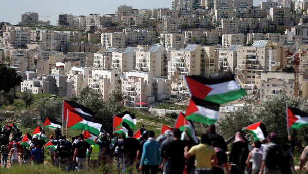 Palestinian protestors walk with their national flag during a demonstration on a hill in the West Bank village of Bilin in front of the Israeli settlement of Modiin Illit (background) on February 27, 2015 - Sputnik International