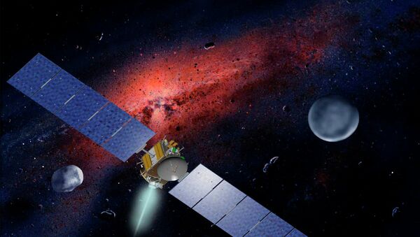 Artist concept released by NASA and the Jet Propulsion Laboratory shows the Dawn spacecraft with Ceres and Vesta seen in the background. - Sputnik International