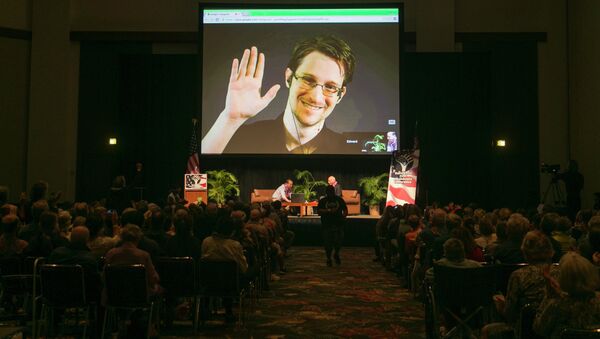 NSA leaker Edward Snowden appears on a live video feed broadcast from Moscow at an event sponsored by the ACLU Hawaii in Honolulu - Sputnik International