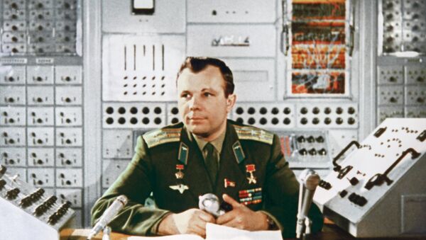 Hero of the Soviet Union, the USSR pilot-cosmonaut Yuri Gagarin in engineering laboratory of Cosmonaut training centre, Star City. 1964 - Sputnik International