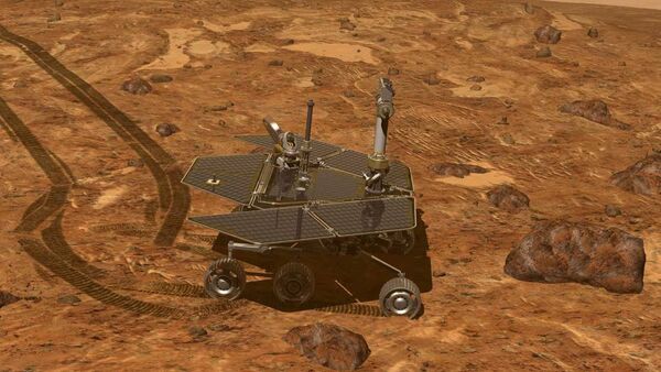 This artist's rendering provided by NASA shows of the Mars Rover, Opportunity, on the surface of Mars. Opportunity reached the rim of the Endeavour crater in August, 2011. - Sputnik International