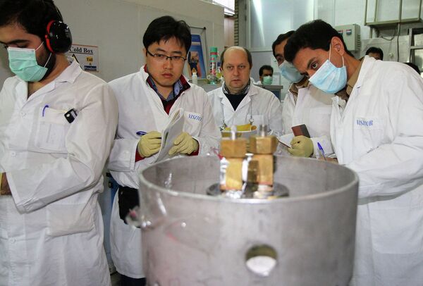 Unidentified International Atomic Energy Agency (IAEA) inspectors (2nd-3rd L) and Iranian technicians disconnect the connections between the twin cascades for 20 percent uranium production at nuclear power plant of Natanz, some 300 kilometres south of Tehran. File photo Unidentified International Atomic Energy Agency (IAEA) inspectors (2nd-3rd L) and Iranian technicians disconnect the connections between the twin cascades for 20 percent uranium production at nuclear power plant of Natanz, some 300 kilometres south of Tehran. File photo - Sputnik International
