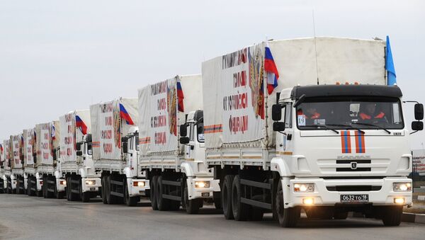 The trucks from the next column of Emercom of Russia with humanitarian aid for inhabitants of Donbass on the Matveev Kurgan check point in the Rostov region - Sputnik International