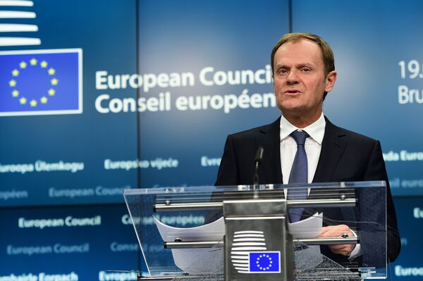 European Council President Donald Tusk responds to questions during a press conference ahead of a European leaders summit at the European Council, in Brussels on March 19, 2015. European Council President Donald Tusk responds to questions during a press conference ahead of a European leaders summit at the European Council, in Brussels on March 19, 2015. - Sputnik International