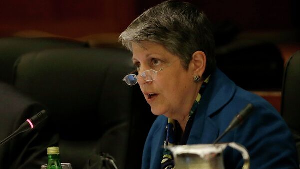University of California president Janet Napolitano speaks while giving a briefing on the progress she and Gov. Jerry Brown have made in ironing out their differences over UC's budget during a UC Board of Regents meeting in San Francisco, Wednesday, March 18, 2015. - Sputnik International