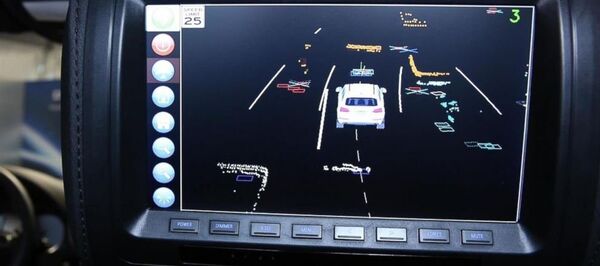 A screen inside Delphi's self-driving car showing obstacles around the car A screen inside Delphi's self-driving car showing obstacles around the car - Sputnik International