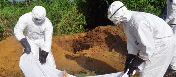 Health workers prepare to place the body of a man who was suspected of dying from the Ebola virus into a grave on the outskirts of Monrovia, Liberia - Sputnik International
