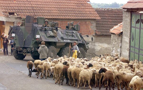 A German armoured vehicle part of the NATO-led KFOR troops drives past a herd of sheep 17 June 1999 in Orahovac, south western Kosovo. - Sputnik International