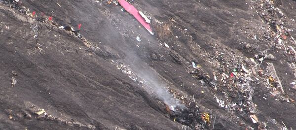 A screen grab taken from an AFP TV video on March 24, 2015 shows smoke billowing from scattered debris of the Germanwings Airbus A320 at the crash site in the French Alps above the southeastern town of Seyne. A screen grab taken from an AFP TV video on March 24, 2015 shows smoke billowing from scattered debris of the Germanwings Airbus A320 at the crash site in the French Alps above the southeastern town of Seyne. - Sputnik International