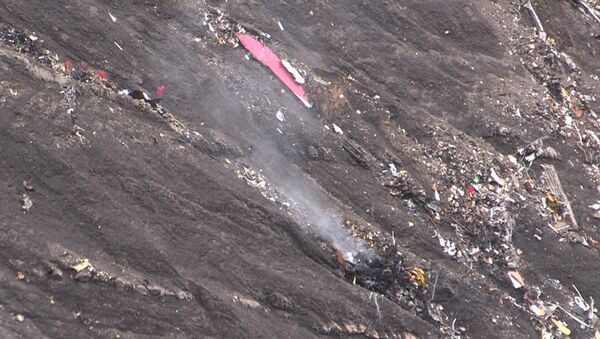 A screen grab taken from an AFP TV video on March 24, 2015 shows smoke billowing from scattered debris of the Germanwings Airbus A320 at the crash site in the French Alps above the southeastern town of Seyne. - Sputnik International