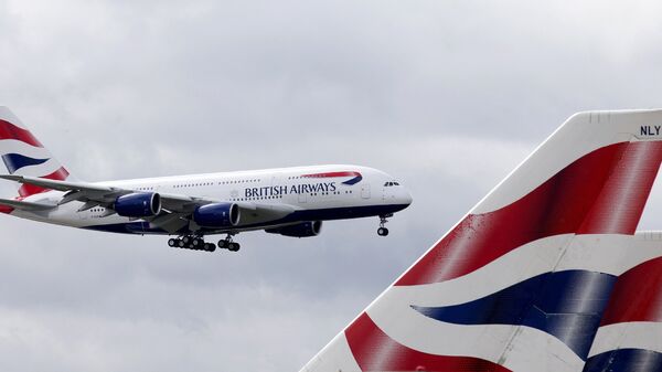 A British Airways Airbus A380 lands at Heathrow Airport in London on July 4, 2013. British Airways is the first UK airline to take delivery of the A380 and the first long-haul flight will be to Los Angeles on September 24, 2013 - Sputnik International