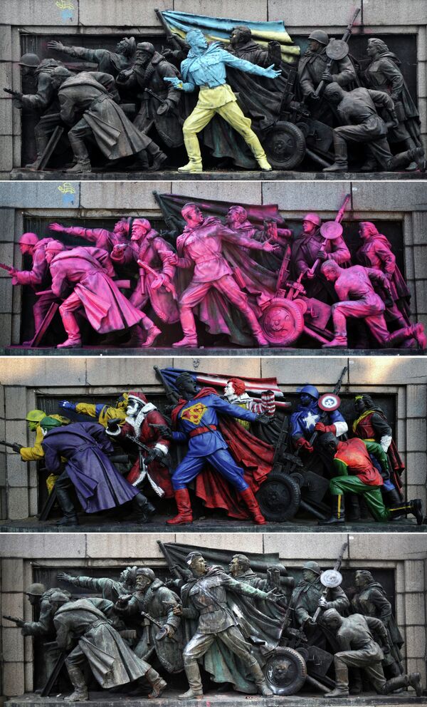 A combo picture taken in Sofia, on February 23, 2014 (top) on August 21, 2013 (second from top), on June 17, 2011 (center) and March 15, 2012 shows the figures of Soviet soldiers at the base of the Soviet Army monument, painted by an unknown artist and the same monument after it was cleaned A combo picture taken in Sofia, on February 23, 2014 (top) on August 21, 2013 (second from top), on June 17, 2011 (center) and March 15, 2012 shows the figures of Soviet soldiers at the base of the Soviet Army monument, painted by an unknown artist and the same monument after it was cleaned - Sputnik International