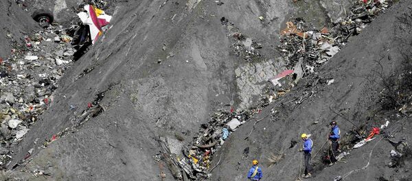 French gendarmes and investigators work amongst the debris of the Airbus A320 at the site of the crash, near Seyne-les-Alpes, French Alps March 26, 2015 French gendarmes and investigators work amongst the debris of the Airbus A320 at the site of the crash, near Seyne-les-Alpes, French Alps March 26, 2015 - Sputnik International