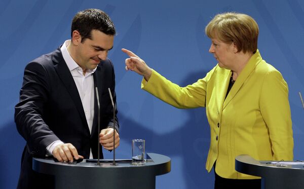 German Chancellor Angela Merkel (right) and the Prime Minister of Greece Alexis Tsipras (left) at a press conference following talks at the chancellery in Berlin, on March 23, 2015. German Chancellor Angela Merkel (right) and the Prime Minister of Greece Alexis Tsipras (left) at a press conference following talks at the chancellery in Berlin, on March 23, 2015. - Sputnik International