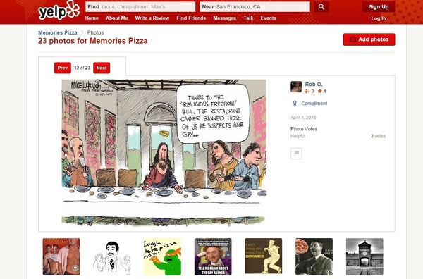 The Memories Pizza Yelp page has been inundated with comments - some satirical, some serious. I have an allergy to intolerance, and unfortunately, this pizza place does NOT cater to those with intolerance allergies wrote one commenter.  - Sputnik International