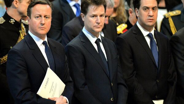 Britain's Prime Minister David Cameron, left, Deputy Prime Minister Nick Clegg, center, and Labour party leader Ed Miliband - Sputnik International