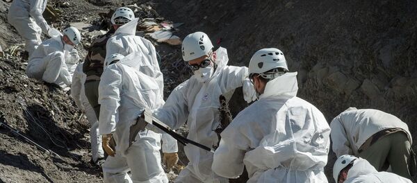 Rescue workers and investigators, seen in this picture made available to the media by the French Interior Ministry April 3, 2015, work at the crash site of a Germanwings Airbus A320, near Seyne-les-Alpes Rescue workers and investigators, seen in this picture made available to the media by the French Interior Ministry April 3, 2015, work at the crash site of a Germanwings Airbus A320, near Seyne-les-Alpes - Sputnik International