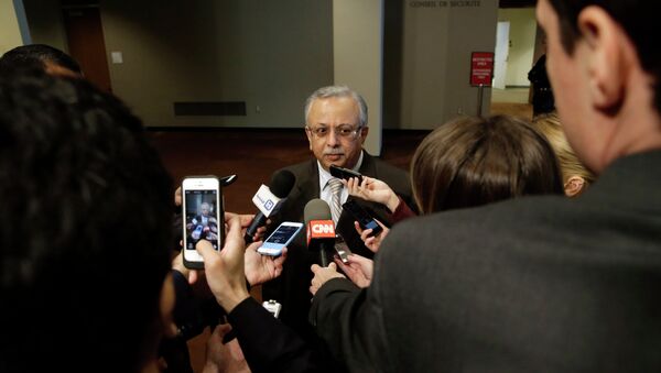 Saudi Arabia Ambassador to the United Nations Abdallah Y. Al-Mouallimi, center, speaks to reporters outside a Security Council consultation Saturday, April 4, 2015, at the United Nations headquarters - Sputnik International
