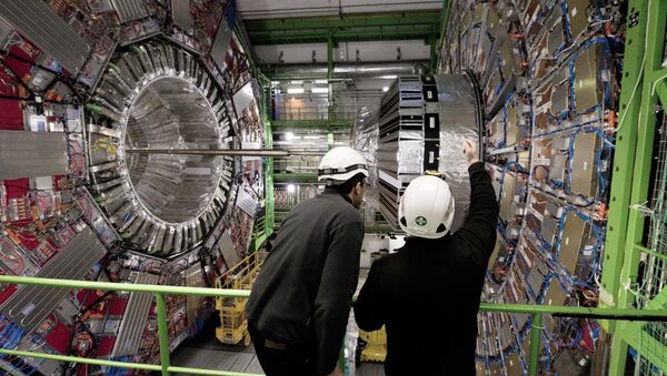Workers gesture on February 10, 2015 in front of the CMS (Compact Muon Solenoid) Cavern at the European Organisation for Nuclear Research (CERN) in Meyrin, near Geneva - Sputnik International