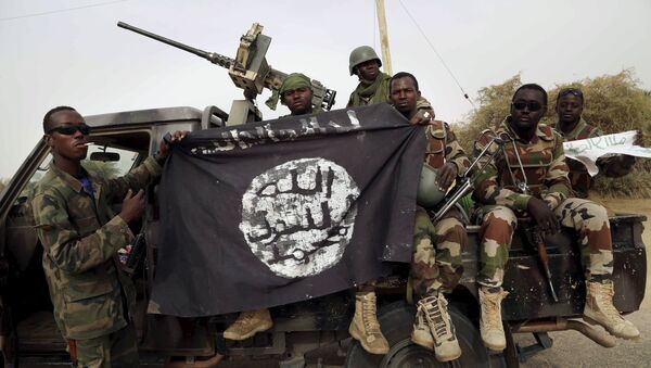 Nigerien soldiers hold up a Boko Haram flag that they had seized in the recently retaken town of Damasak, Nigeria, March 18, 2015 - Sputnik International