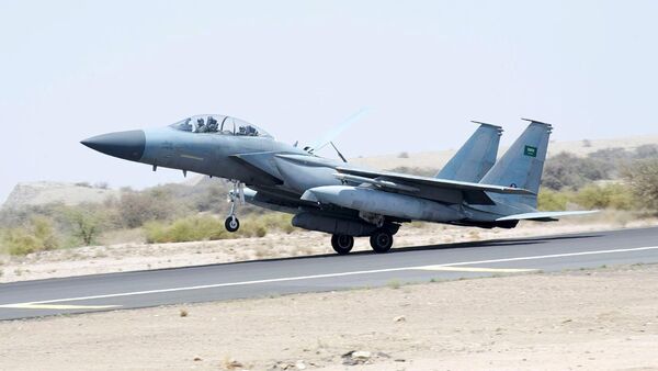 A jet takes off to participate in the Saudi-led air strikes on Yemen, at an airbase in an undisclosed location in Saudi Arabia in this April 2, 2015 picture provided by Saudi Press Agency. Picture taken April 2, 2015 - Sputnik International
