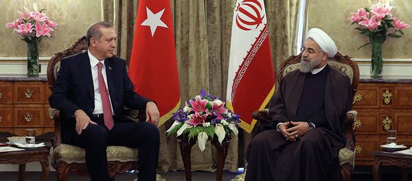 In this photo released by the official website of the office of the Iranian Presidency, Iran's President Hassan Rouhani, right, talks with his Turkish counterpart Recep Tayyip Erdogan at the Saadabad palace in Tehran, Iran, Tuesday, April 7, 2015 In this photo released by the official website of the office of the Iranian Presidency, Iran's President Hassan Rouhani, right, talks with his Turkish counterpart Recep Tayyip Erdogan at the Saadabad palace in Tehran, Iran, Tuesday, April 7, 2015 - Sputnik International