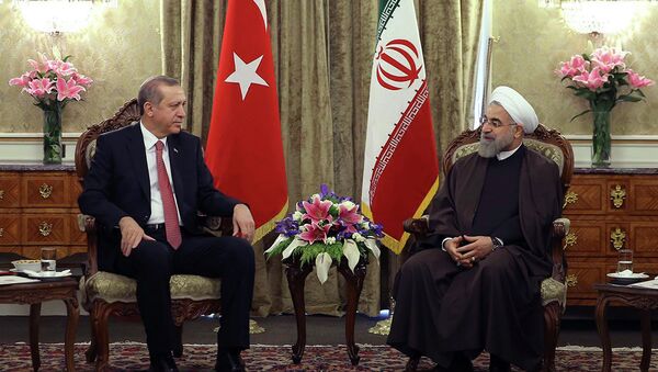 In this photo released by the official website of the office of the Iranian Presidency, Iran's President Hassan Rouhani, right, talks with his Turkish counterpart Recep Tayyip Erdogan at the Saadabad palace in Tehran, Iran, Tuesday, April 7, 2015 - Sputnik International