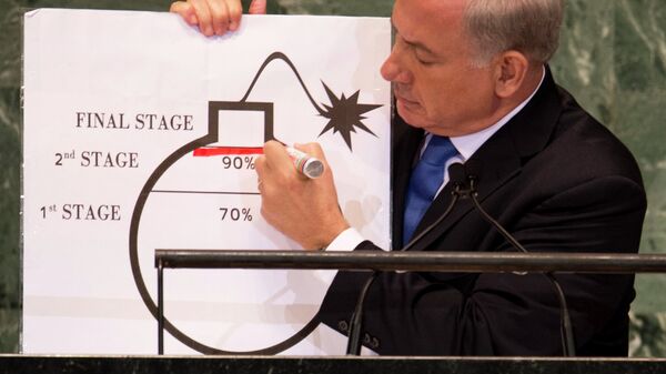 Benjamin Netanyahu, Prime Minister of Israel, uses a diagram of a bomb to describe Iran's nuclear program while delivering his address to the 67th United Nations General Assembly meeting September 27, 2012 at the United Nations in New York. - Sputnik International