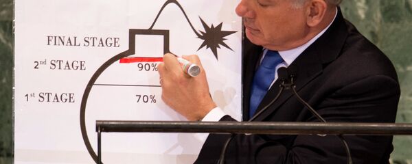Benjamin Netanyahu, Prime Minister of Israel, uses a diagram of a bomb to describe Iran's nuclear program while delivering his address to the 67th United Nations General Assembly meeting September 27, 2012 at the United Nations in New York. - Sputnik International