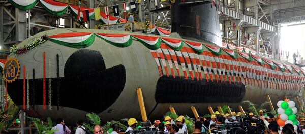 Employees and journalists gather around the Indian Navy's first indigenously-built Scorpene attack submarine at Mazagon Dock in Mumbai, India. Employees and journalists gather around the Indian Navy's first indigenously-built Scorpene attack submarine at Mazagon Dock in Mumbai, India. - Sputnik International