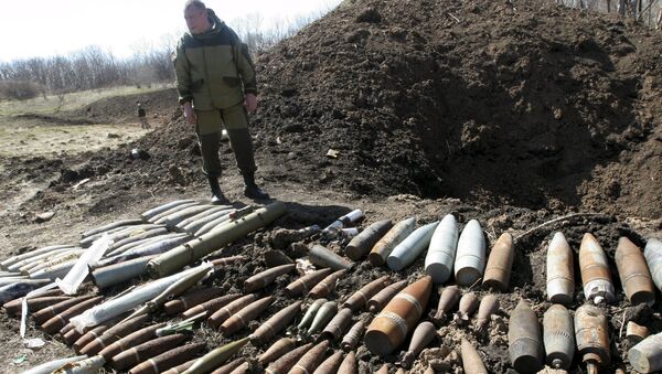 Independence supporter stands near Ukrainian military unexploded shells at a range in the suburbs of Donetsk April 10, 2015 - Sputnik International