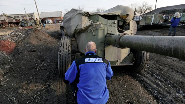 An OSCE monitor inspects a Ukrainian canon in the town of Druzhkivka, east Ukraine - Sputnik International