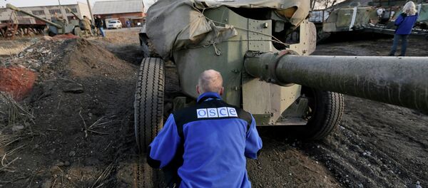 An OSCE monitor inspects a Ukrainian canon in the town of Druzhkivka, east Ukraine An OSCE monitor inspects a Ukrainian canon in the town of Druzhkivka, east Ukraine - Sputnik International