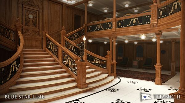 In this rendering provided by Blue Star Line, the grand staircase on the Titanic II is shown. The replica ship, which Australian billionaire Clive Palmer is planning to build in China, is scheduled to sail in 2016 - Sputnik International