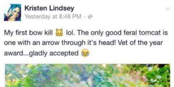 Screen shot of veterinarian Kristen Lindsey's Facebook post in which she boasts having shot a cat with a bow and arrow - Sputnik International