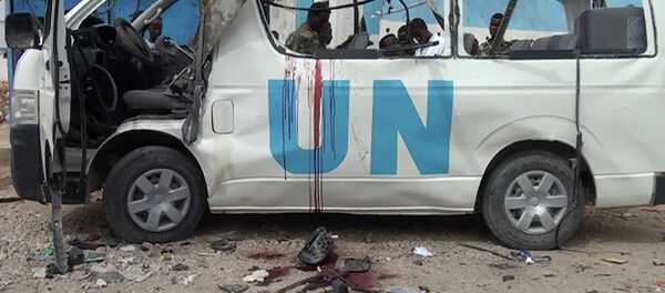 Blood is seen in the shell of a UN van following a bomb attack that killed at least six UN workers on April 20, 2015 in the northeastern town of Garowe Blood is seen in the shell of a UN van following a bomb attack that killed at least six UN workers on April 20, 2015 in the northeastern town of Garowe - Sputnik International