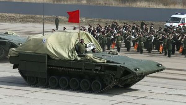 Armored combat vehicle on a heavy tracked vehicle platform Armata at the May 9 Victory Parade rehearsal in Moscow region. - Sputnik International